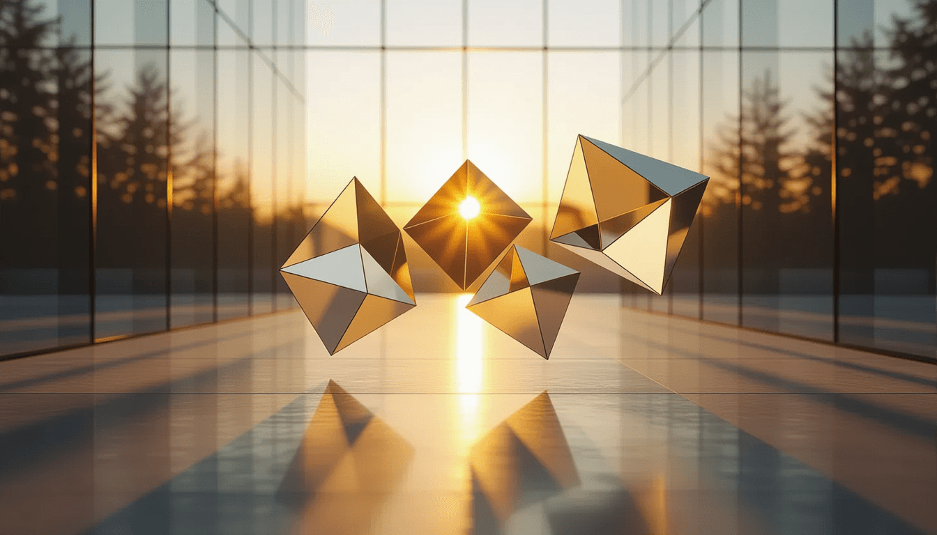 Translucent geometric planes float in mid-air, catching golden hour light that streams through layer
