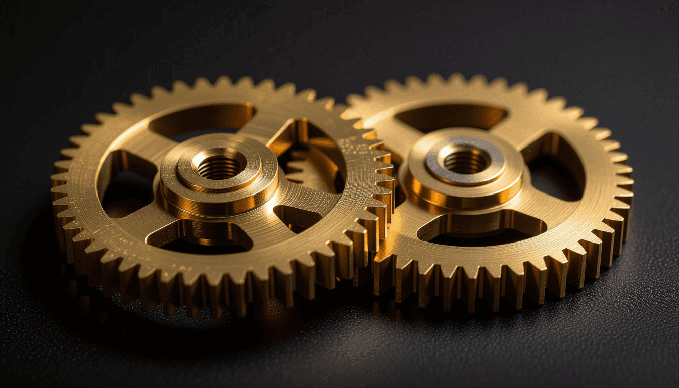 Brass gears interlock under harsh studio strobes, their polished teeth catching sharp highlights aga