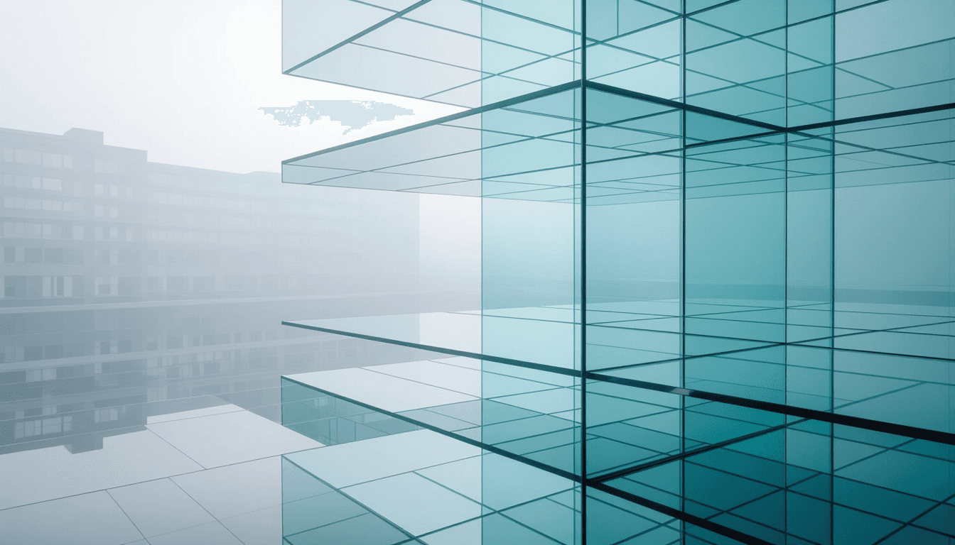 Stacked translucent glass planes float in an overcast void, their sharp edges catching the diffuse l