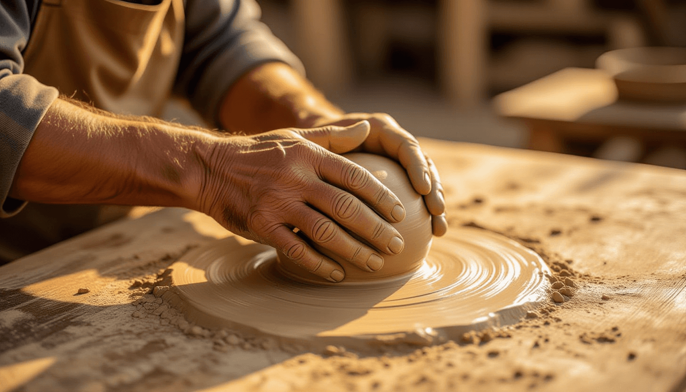 Golden hour light catches rough, calloused fingers kneading dense clay on a wooden table, shallow de