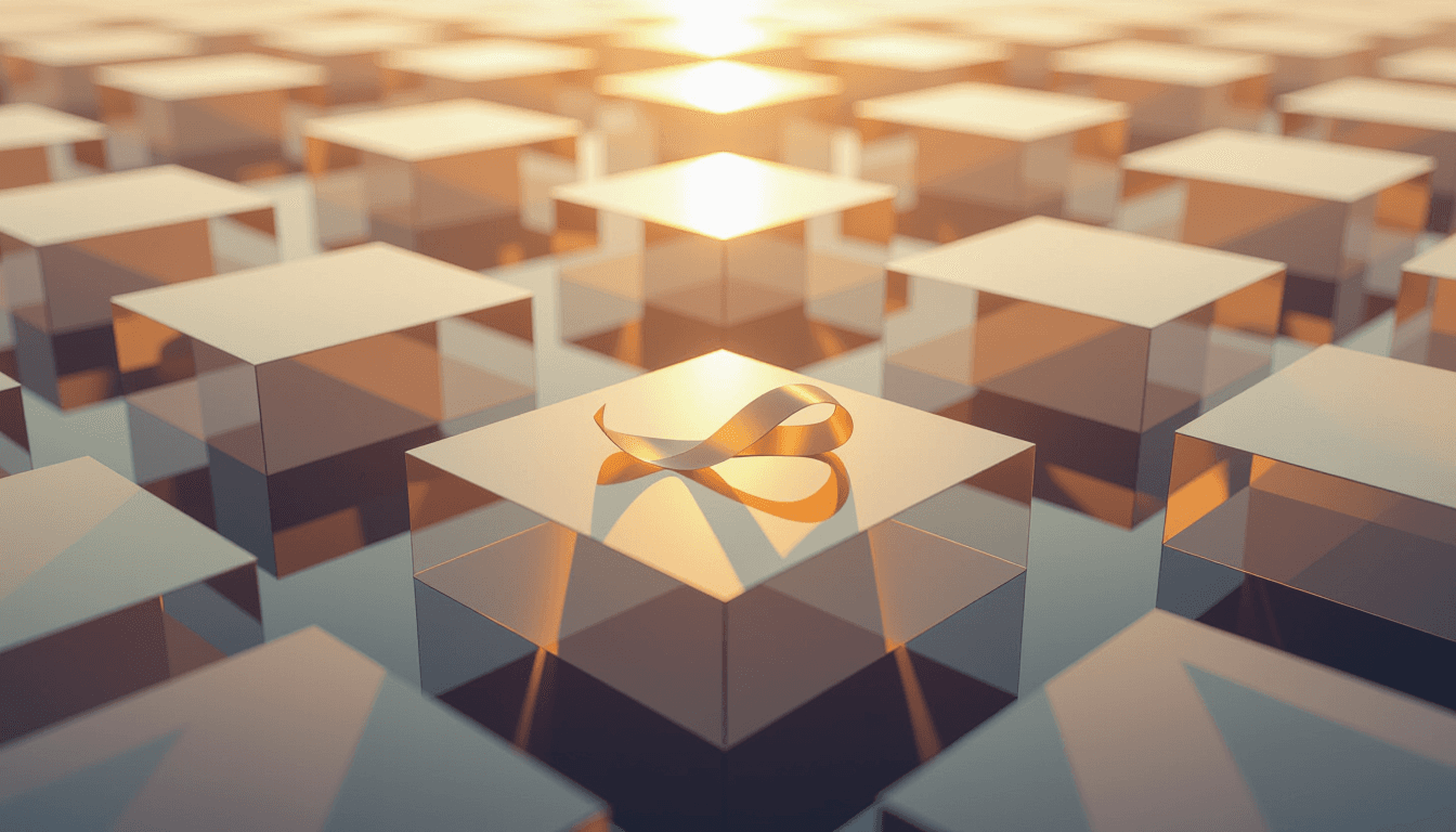 Golden hour light pierces layered translucent planes, casting sharp geometric shadows across floatin