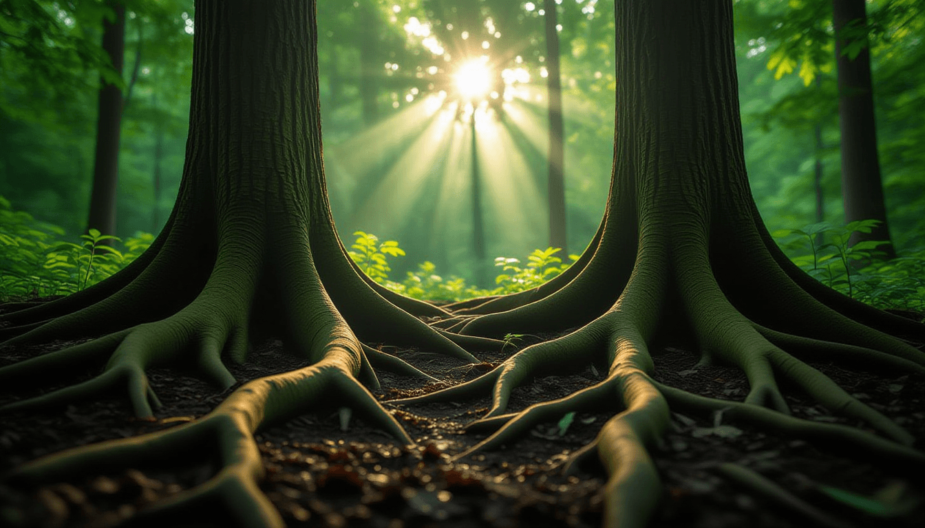 Sunlight filters through a dense forest canopy, illuminating intertwined tree roots gripping the dar