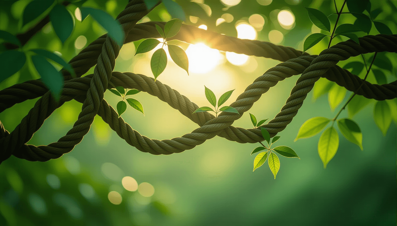 Sunlight filters through a dense tree canopy, illuminating a tangle of thick, twisting vines that we