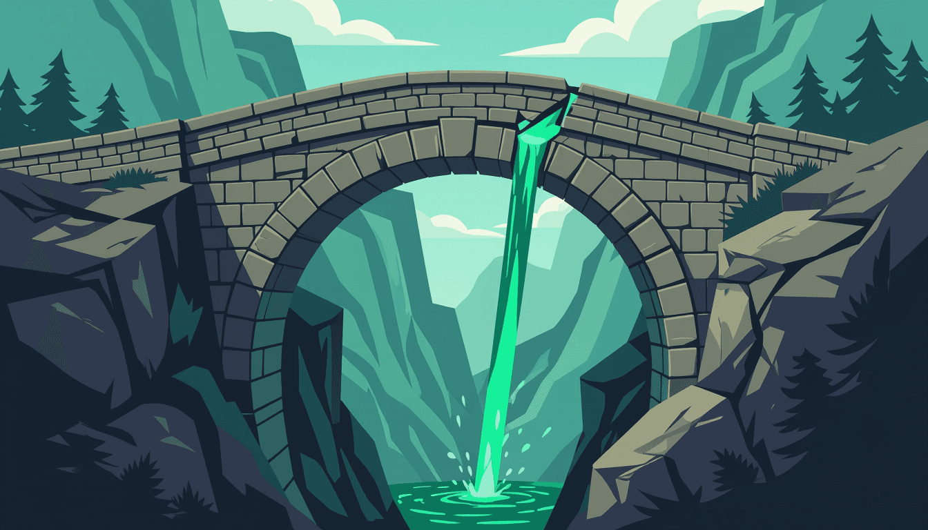 A crumbling stone bridge with visible structural cracks spans a deep chasm, where a single emerald-g