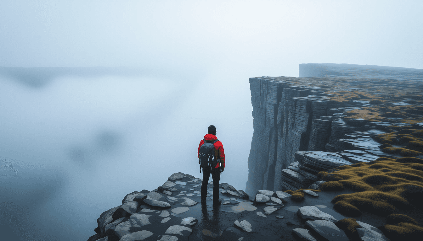 A solitary hiker pauses at a jagged cliff edge, staring at a frayed, unmarked trail disappearing int