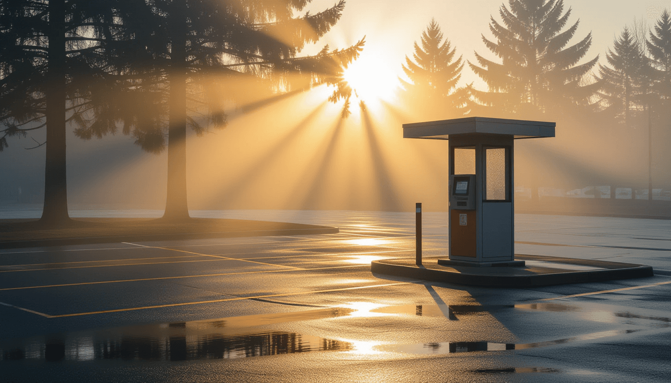 A shaft of dawn sunlight pierces morning fog in an empty, sunlit parking lot, casting long, sharp ge