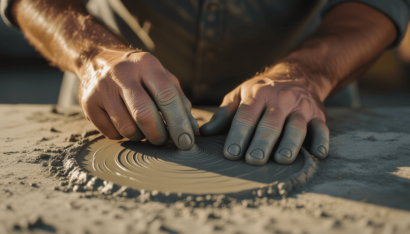 Golden hour light catches rough, clay-dusted fingers pressing firm, deliberate indentations into wet