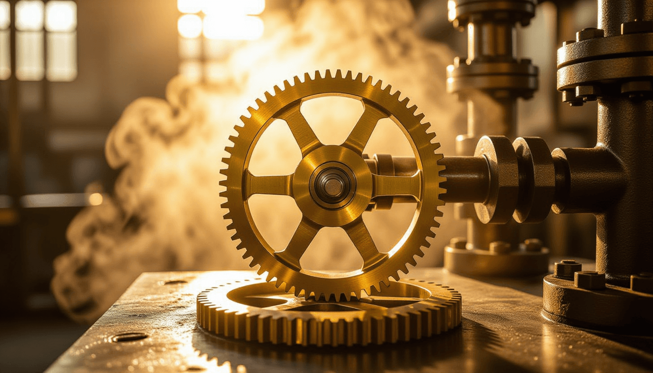 Sunlight catches interlocking brass gears in slow, deliberate rotation against a backdrop of steam-h