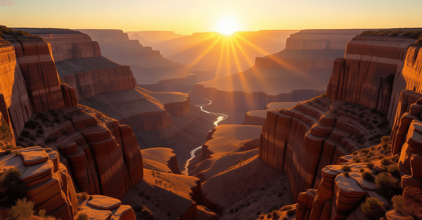 Golden hour light cascades over a deep canyon, illuminating rugged rock faces in warm amber tones, w