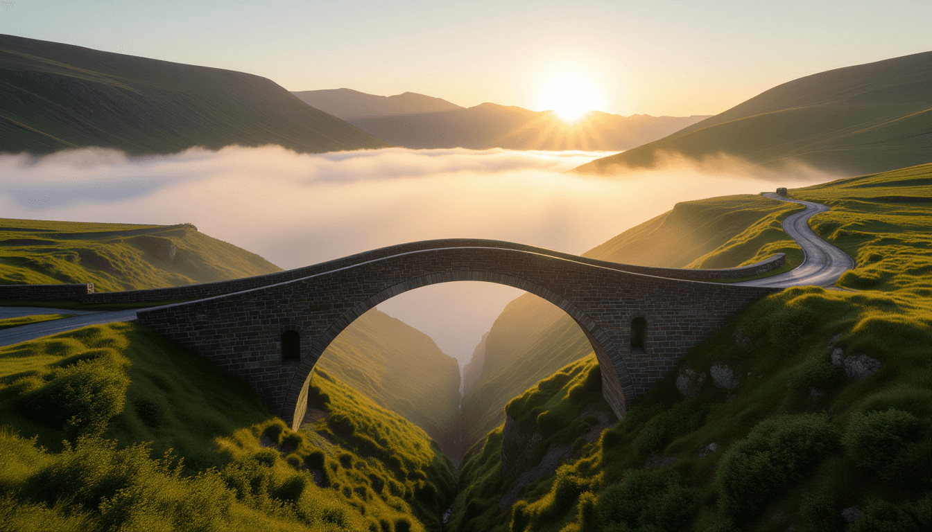 A mist-shrouded stone bridge arches over a deep, green-choked ravine at golden hour, casting long, d