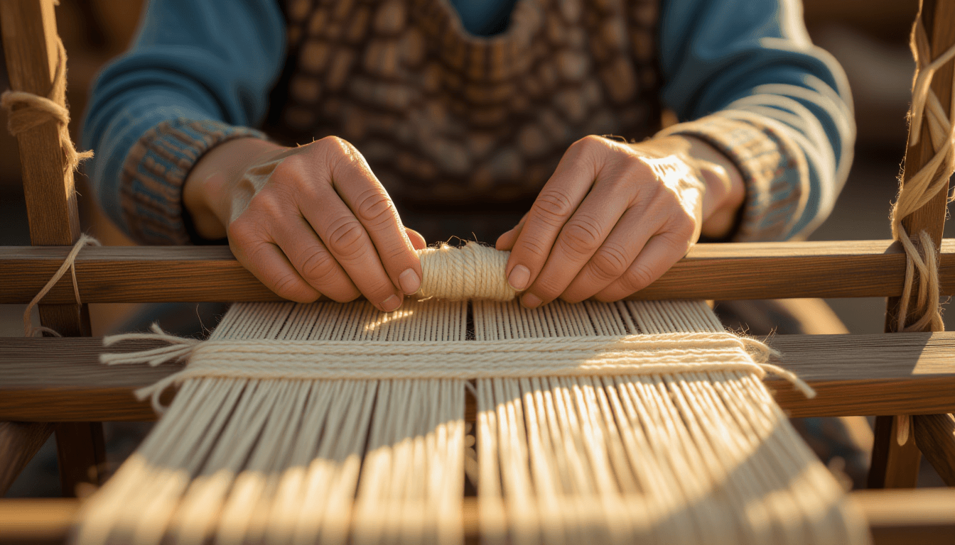 Golden hour light highlights weathered hands weaving intricate fiber strands on a rustic wooden loom