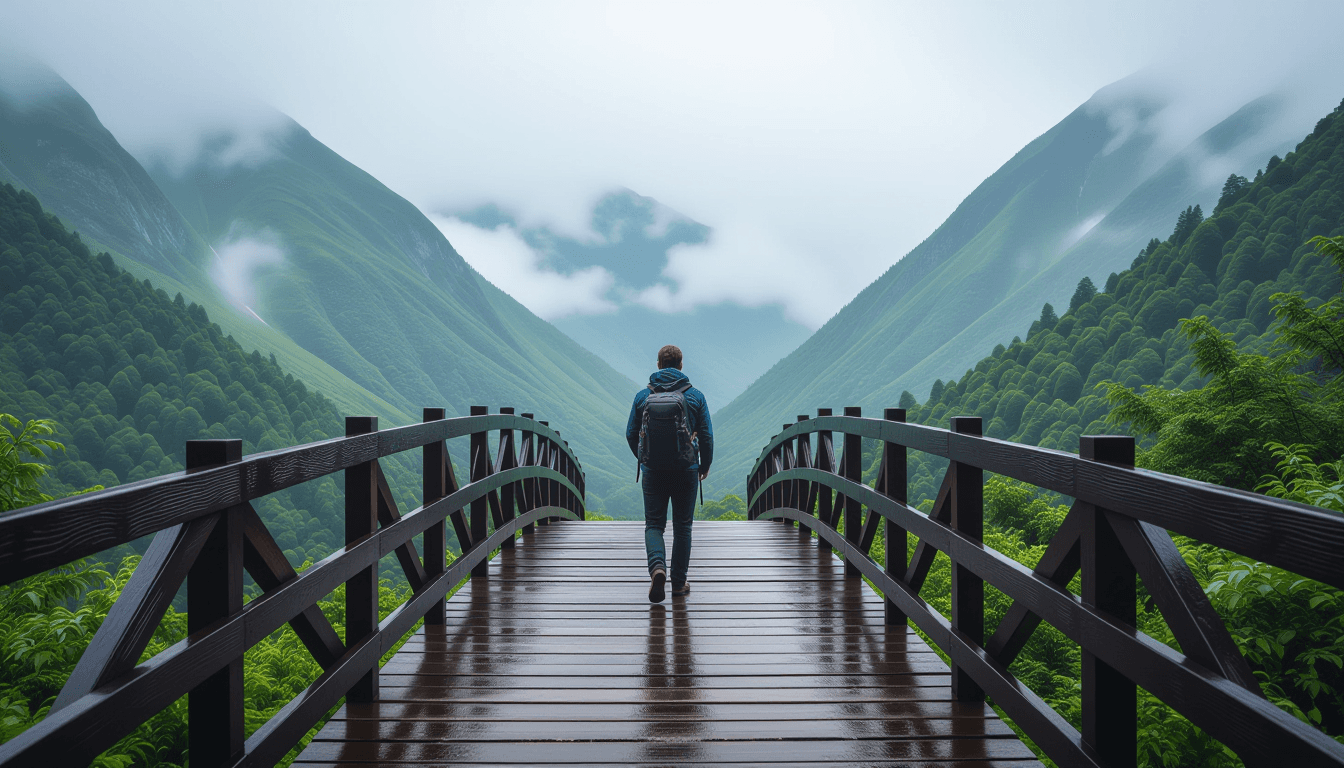 A hiker pauses on a weathered wooden bridge spanning a misty mountain chasm, capturing the tension b