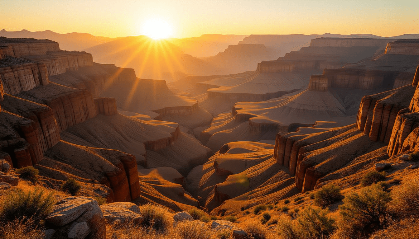 Golden hour light bathes a vast, layered mountain valley in warm amber tones, where distinct ridges