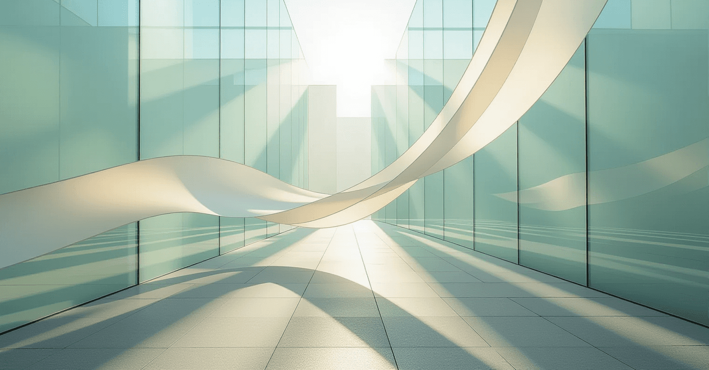 Sunlight slices through layered translucent glass panels, creating tessellating shadows on a matte s