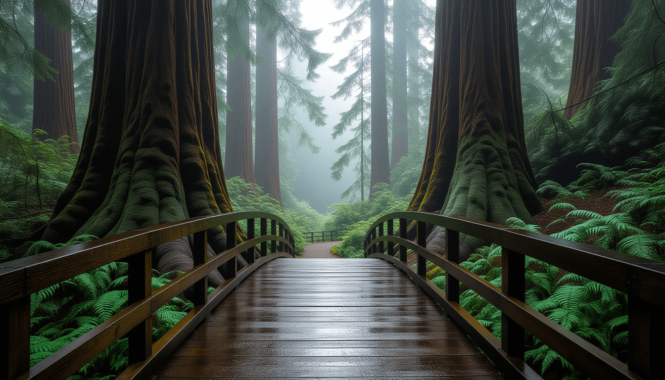 Misty dawn light filters through ancient redwoods onto a weathered wooden bridge spanning a deep, sh