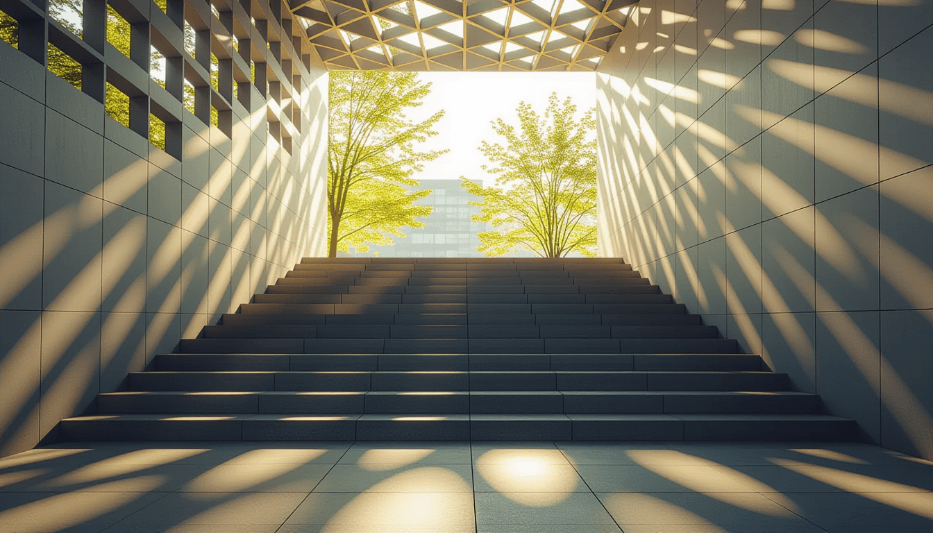 Sunlight filters through the geometric lattice of a modern pavilion, casting sharp, repeating shadow