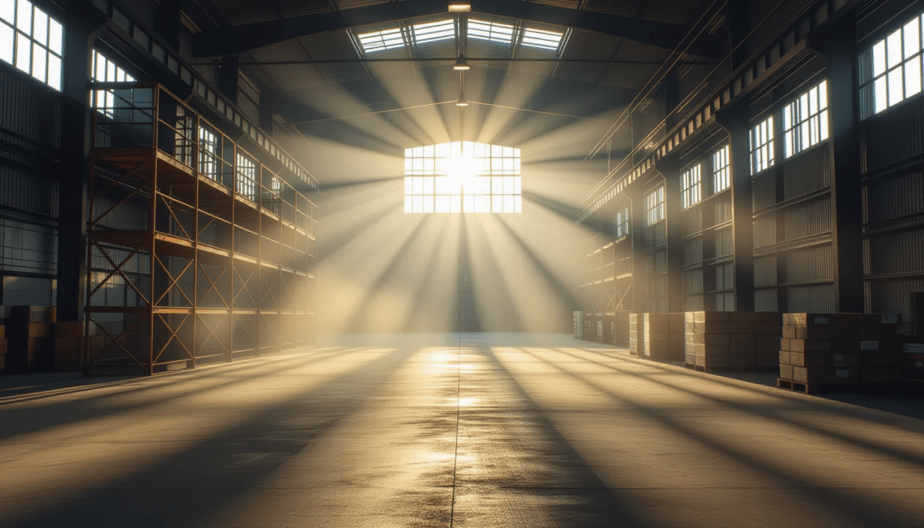 Sunlight pierces through heavy morning fog in an industrial warehouse, illuminating floating dust mo