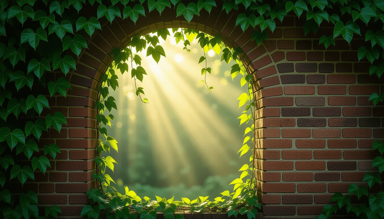 Sunlight filters through a dense, sprawling canopy of ivy on an ancient brick wall, capturing the or