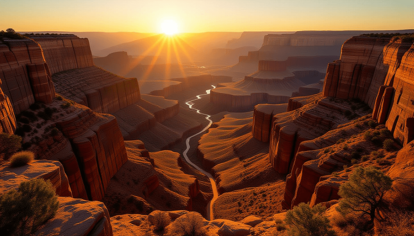 Golden hour light floods a deep, winding canyon, casting long, warm shadows that guide the eye towar