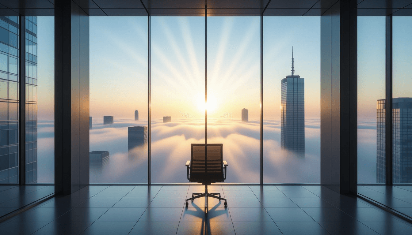 Dawn breaks through heavy morning fog over a glass skyscraper, casting sharp, volumetric beams that