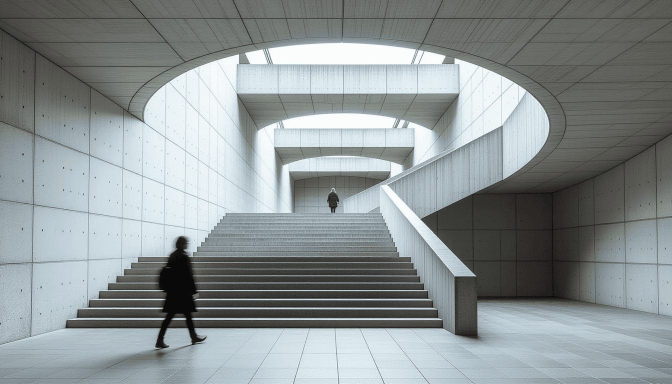 Shallow depth of field captures a lone figure navigating the stark, repeating concrete arches of a b