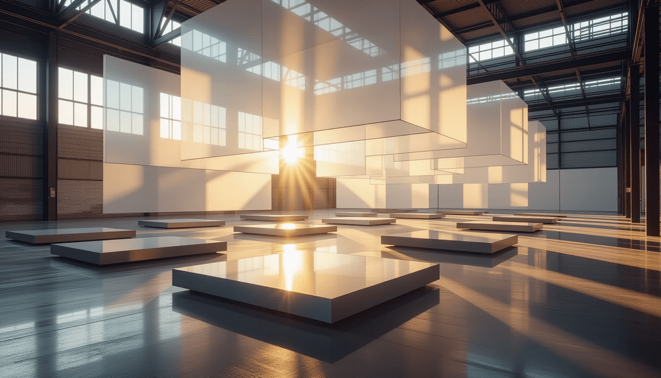 Sunset light pierces layered translucent planes, casting sharp geometric shadows across floating pla