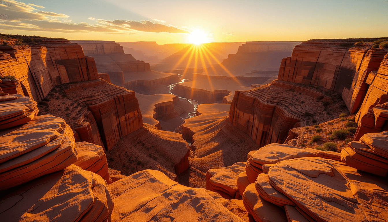 Golden hour light floods a rugged canyon, casting long shadows across layered sedimentary rock strat