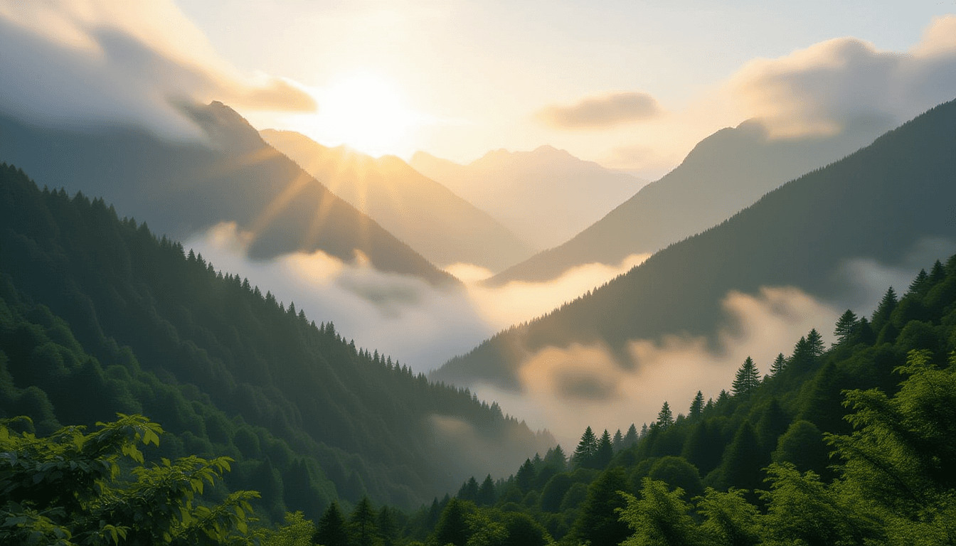 Golden hour light cascades over a rugged, mist-shrouded valley, illuminating the jagged peaks where