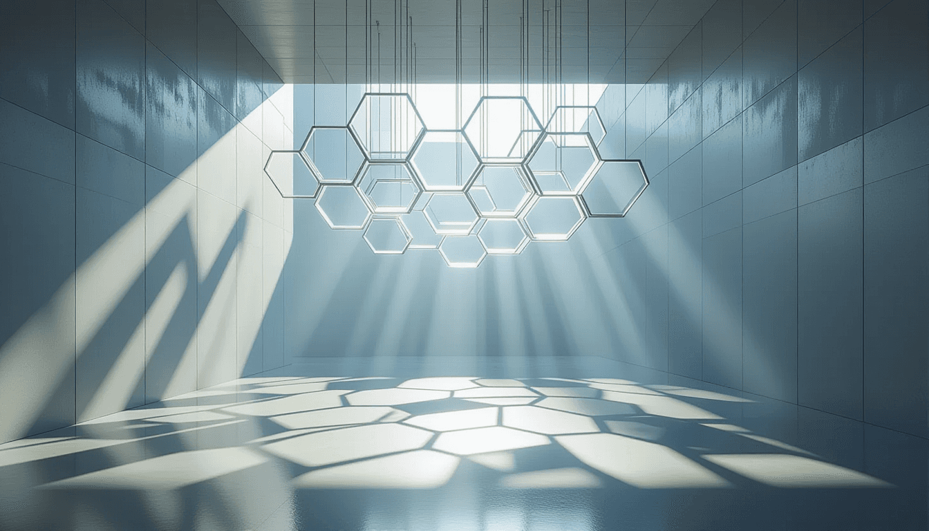 Sunlight fractures through suspended hexagonal glass panels, casting sharp geometric shadows on poli