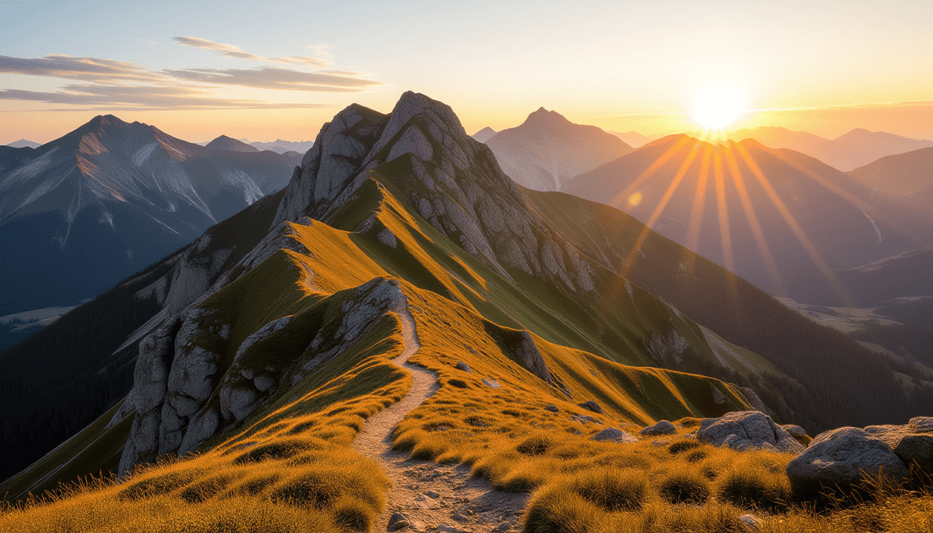 Golden hour light bathes a rugged mountain ridge, illuminating the vast, textured valley below where