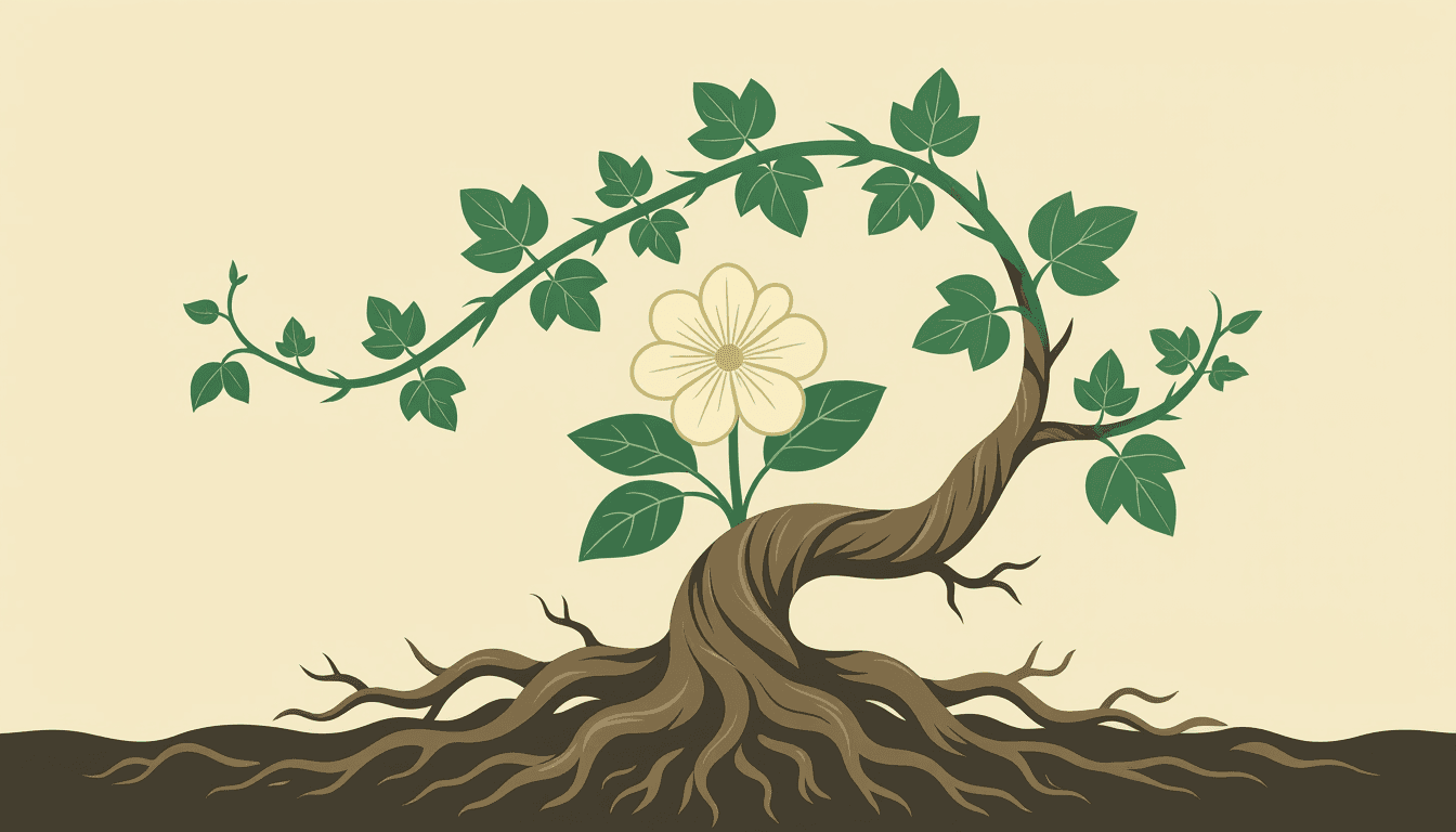 A delicate vine twists tightly around a gnarled root, choking the natural growth of a blooming flowe