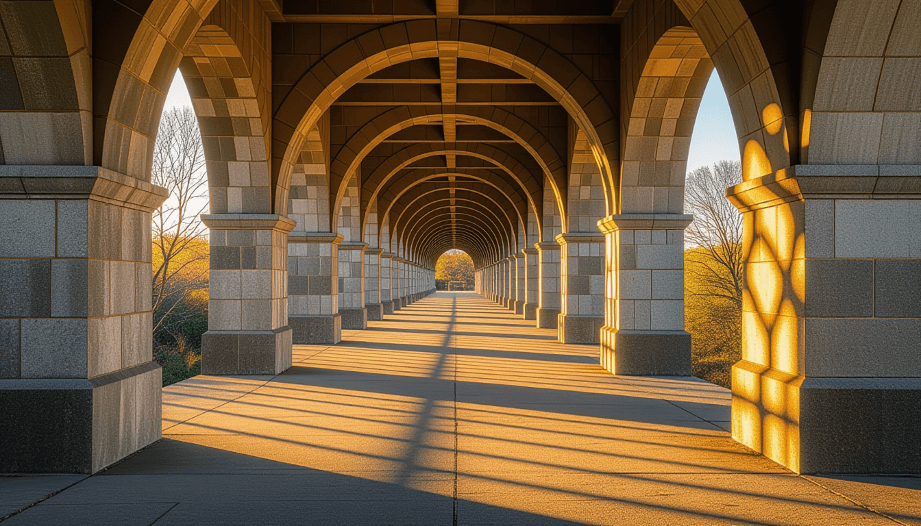 Golden hour light filters through the intricate lattice of a stone viaduct, casting long, structured