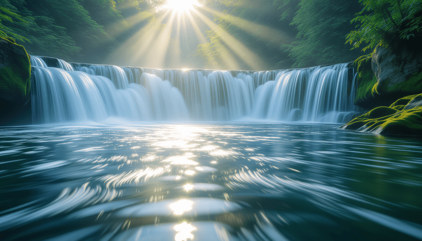 Sunlight pierces through mist at a rushing waterfall, illuminating swirling eddies and frothy white