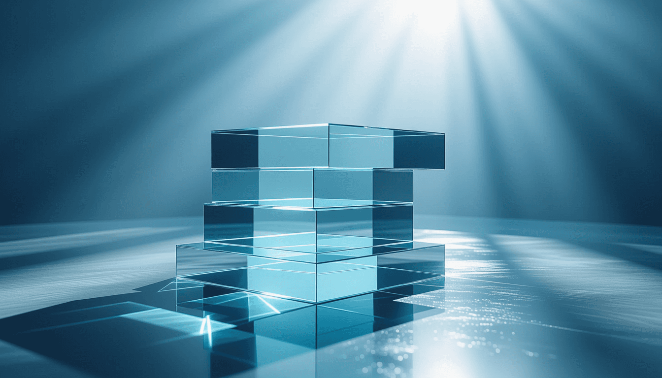 Stacked translucent glass planes float in cool, diffused studio light, their sharp geometric edges c