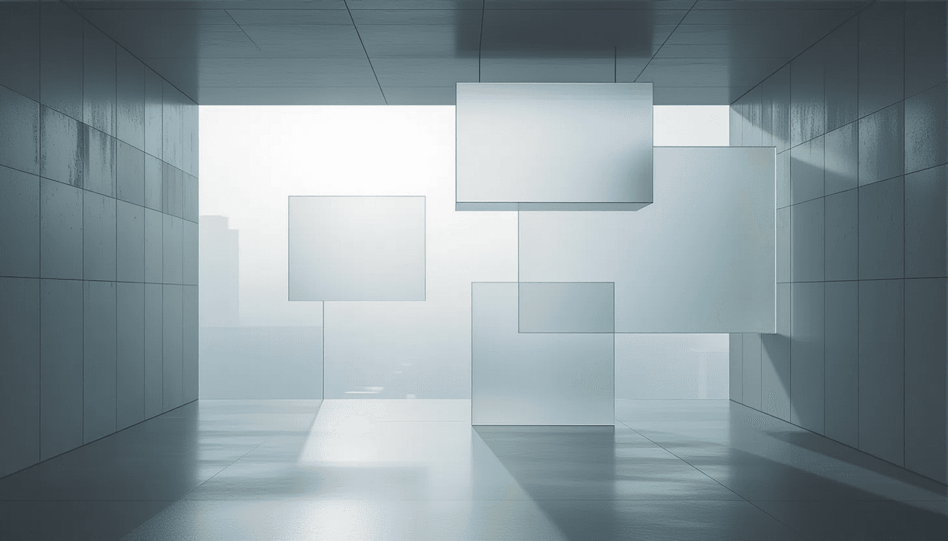 Overcast diffused light reveals layered translucent planes of frosted glass, their tessellated edges