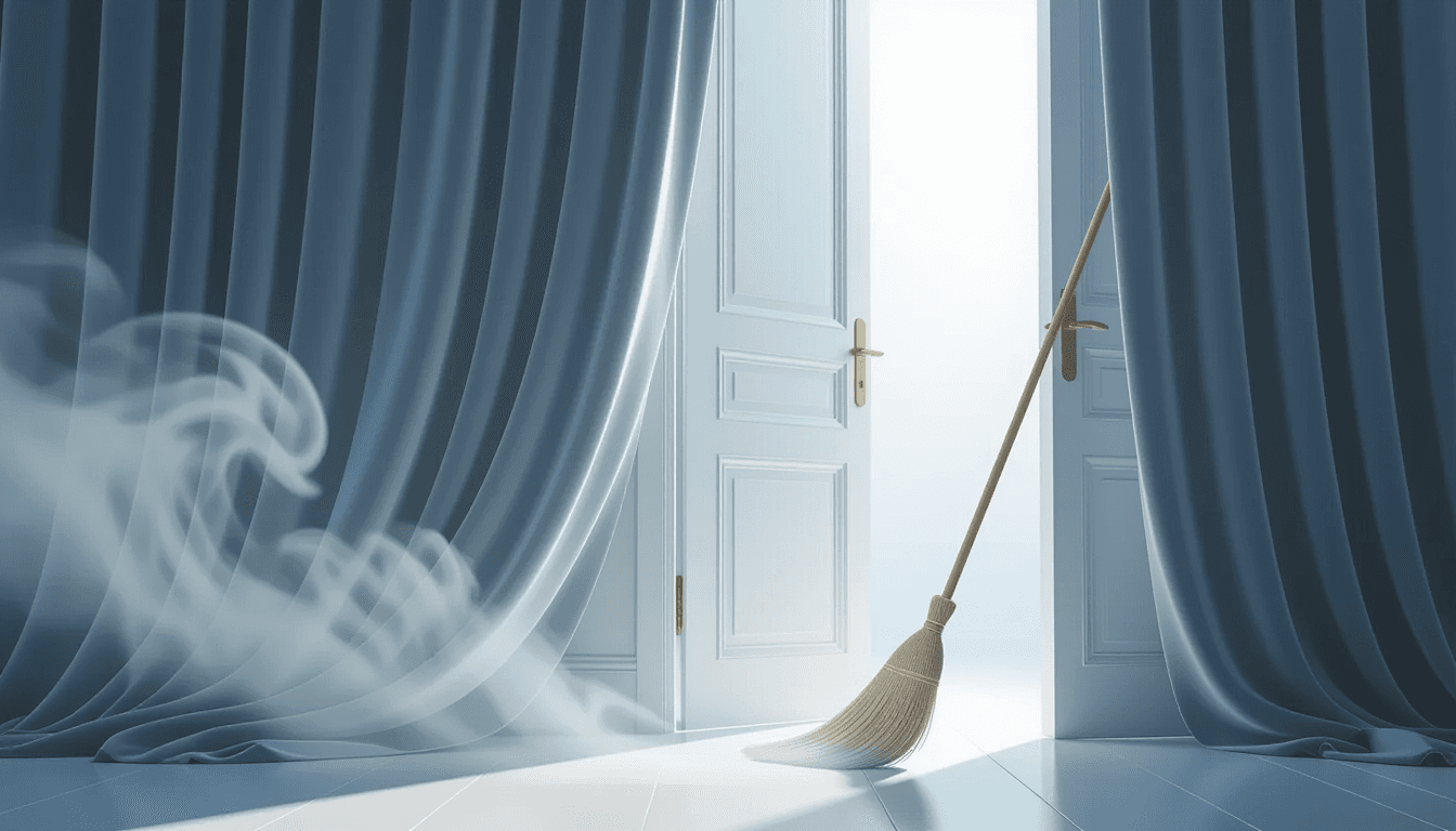 A heavy velvet curtain parts to reveal a pristine white door, while swirling gray fog is gently swep