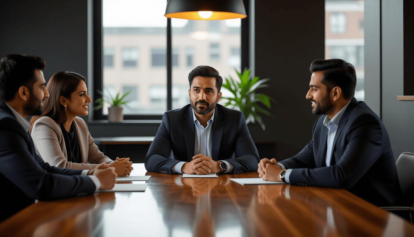 a South Asian man in his forties, a marketing team, debating ideas around a long wooden table, over