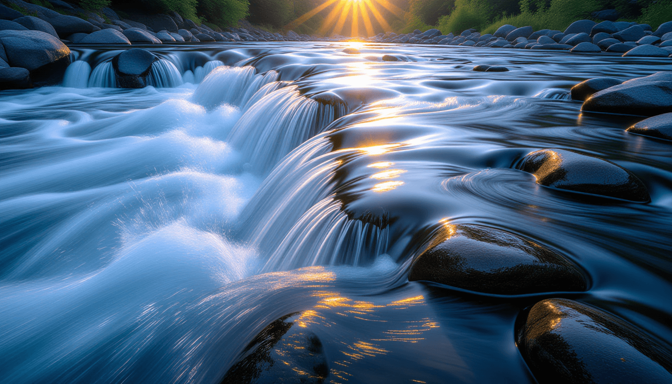 Sunlight catches the blurred motion of a powerful river rushing over smooth, dark river stones, capt
