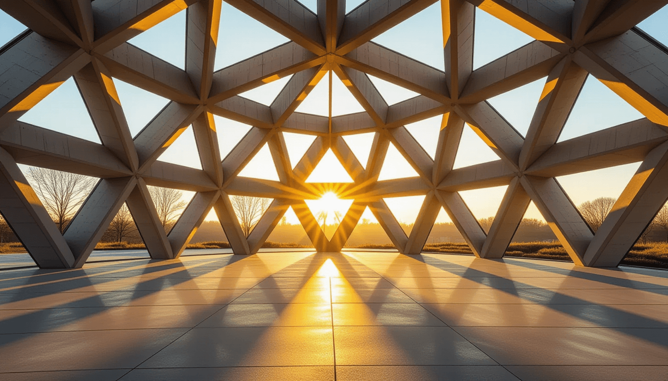 Golden hour light filters through a concrete geodesic pavilion, casting sharp, intersecting shadows