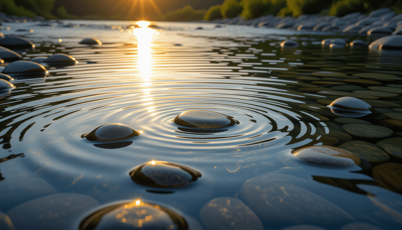 Golden hour light catches ripples spreading across a calm, shallow riverbed, where smooth stones set