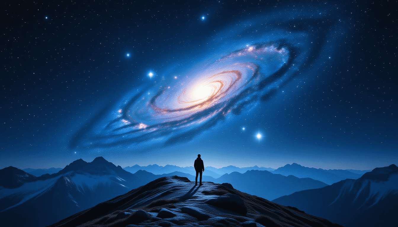 A solitary figure stands on a windswept alpine ridge at blue hour, gazing toward a luminous, swirlin