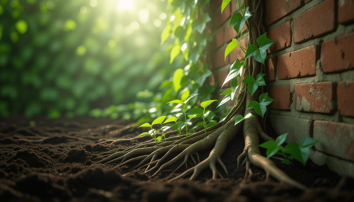 Sunlight filters through a dense canopy of ivy climbing a weathered brick wall, highlighting tender