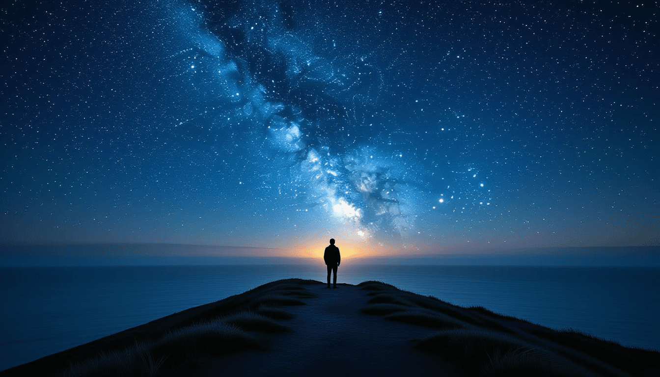 A lone figure stands on a windswept coastal ridge at twilight, silhouetted against a vast, star-fill