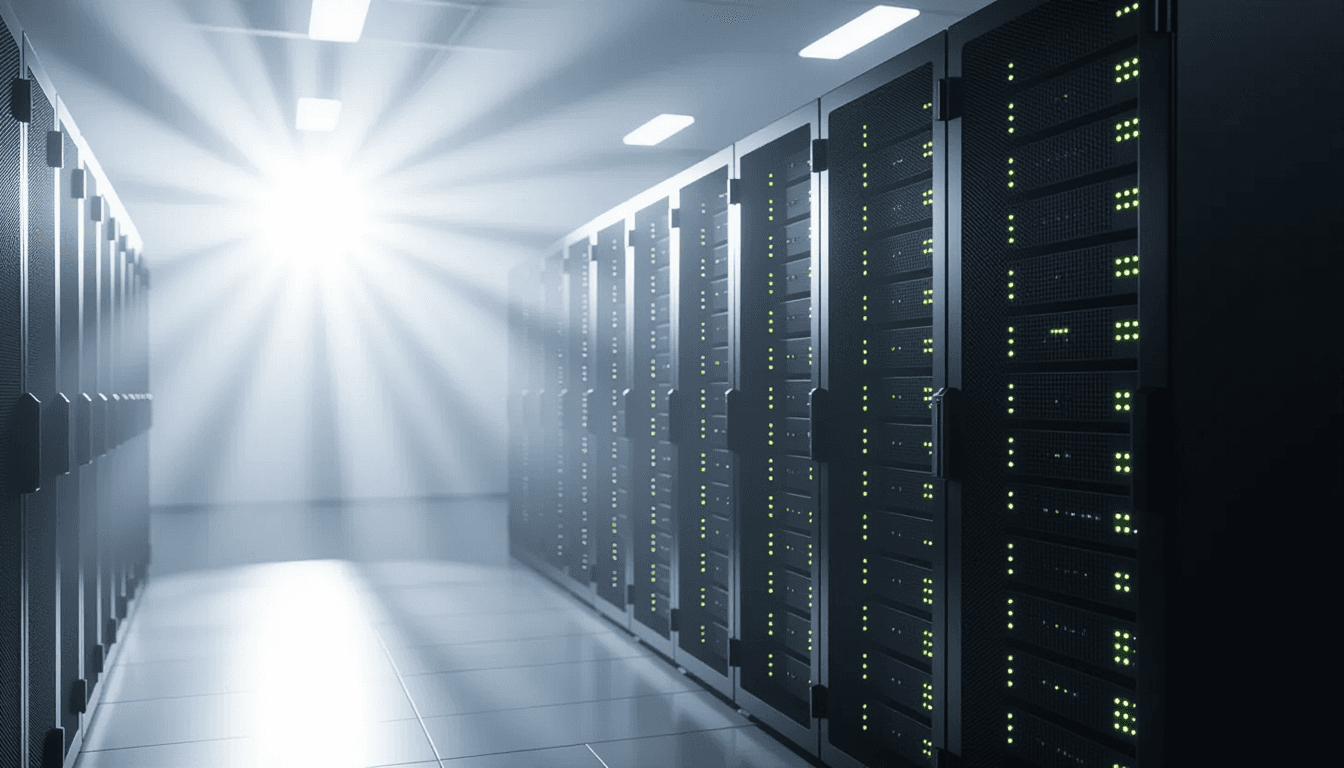 Sunlight pierces through morning fog in a sleek server room, casting volumetric beams across matte b