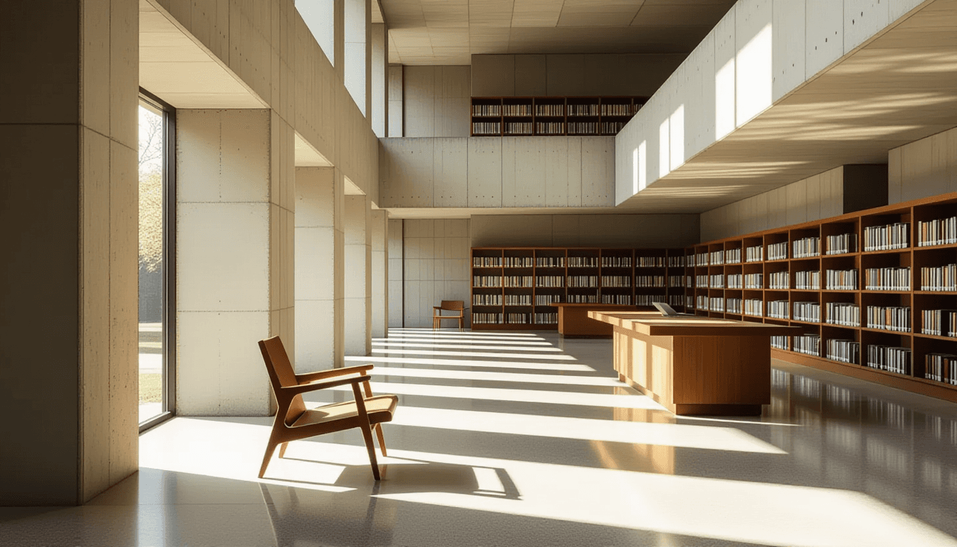 Sunlight cuts through the ribbed concrete ribs of a brutalist library, highlighting the stark contra