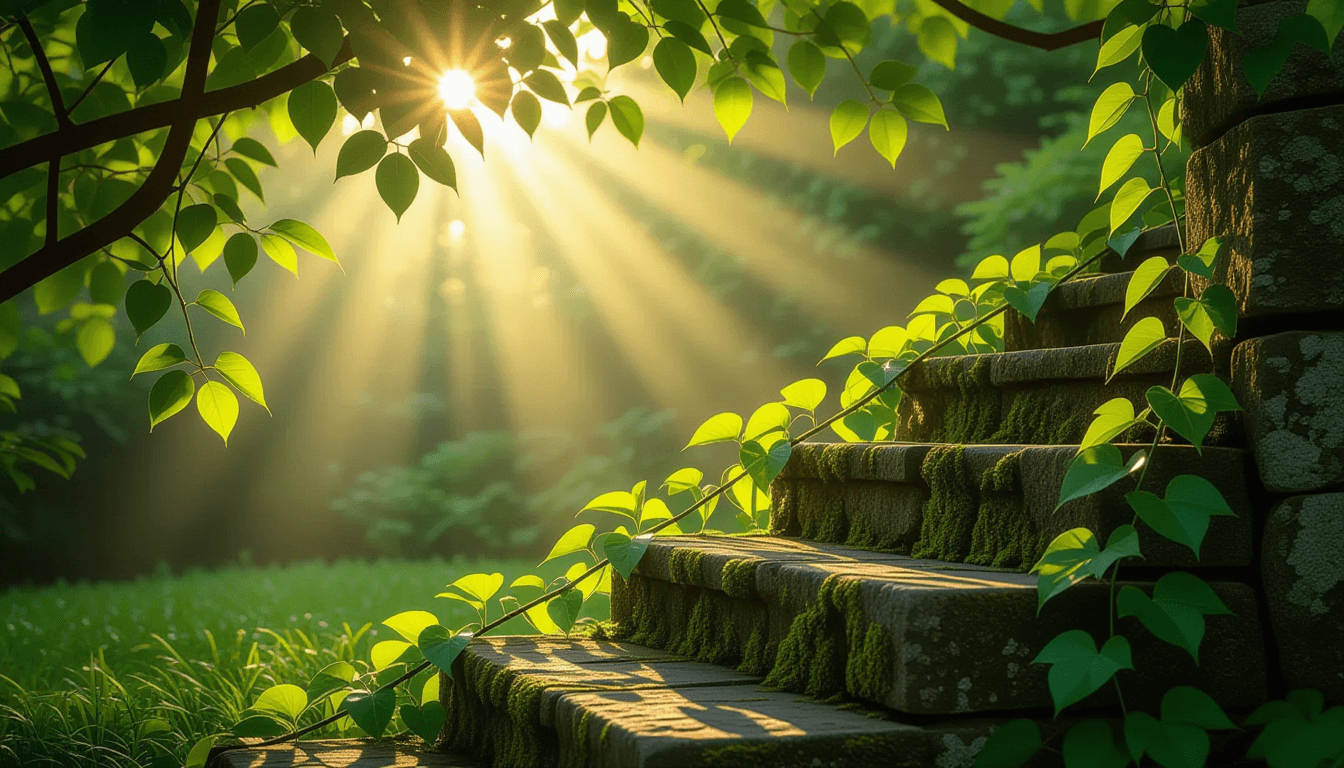 Golden hour light filters through a dense, leafy tree canopy, casting dappled shadows on vibrant gre
