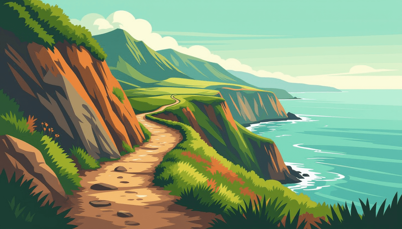 A rugged, steep mountain path winds sharply upward on the left, contrasting with a smooth, sweeping