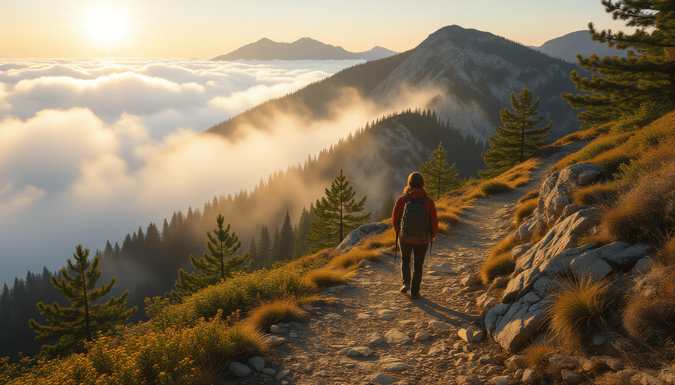 A lone hiker pauses on a rugged, winding mountain trail, gaze fixed on a distant, fog-shrouded pass