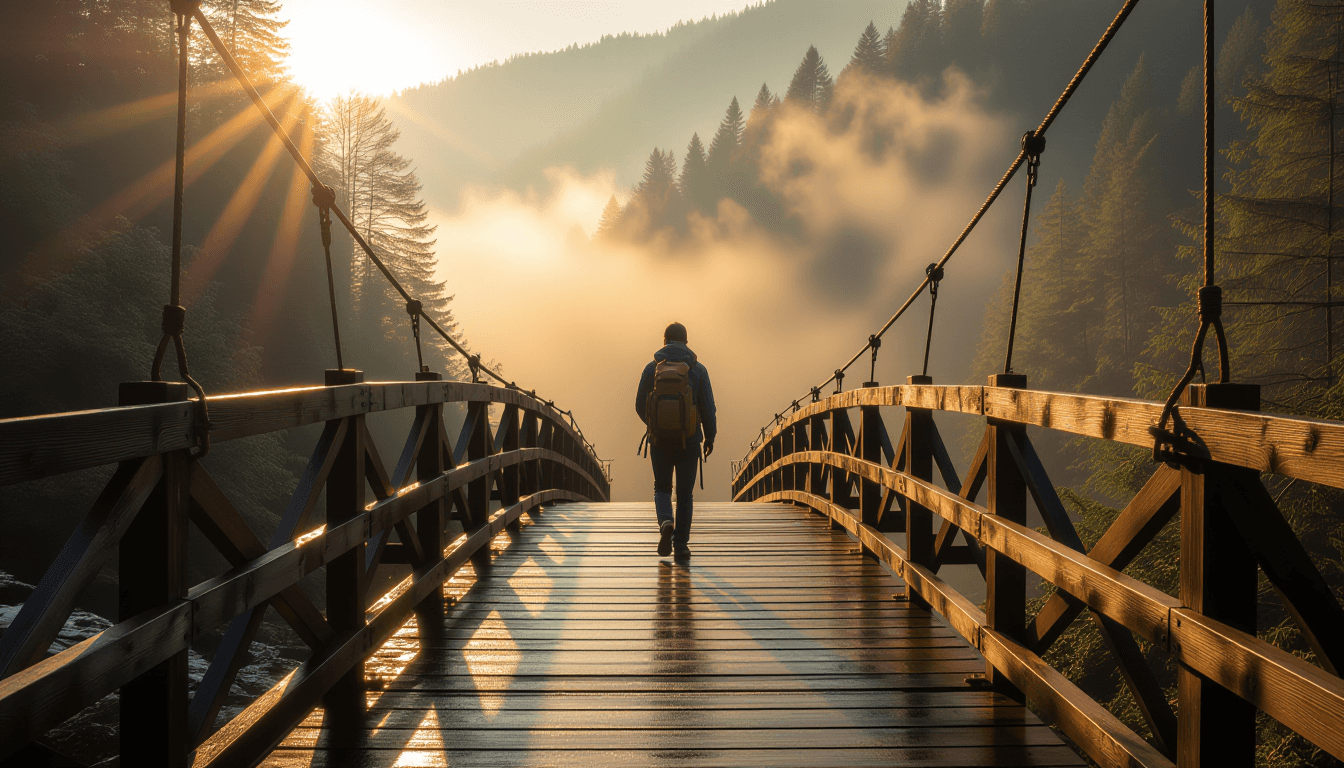 A solitary hiker pauses on a weathered wooden bridge spanning a misty gorge, backlit by the warm, lo