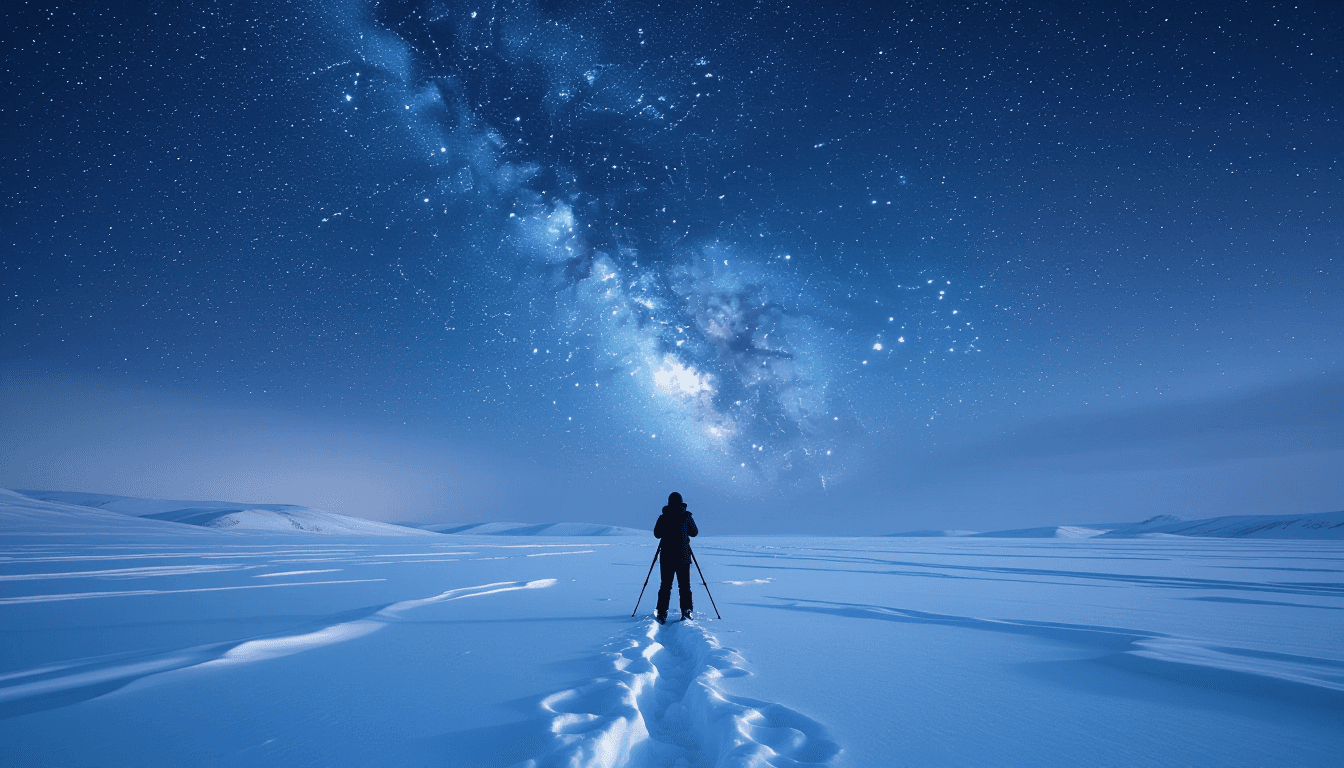 A lone photographer stands on a vast, snow-covered tundra at twilight, framed against a sharp, star
